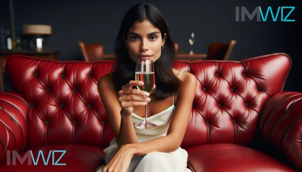 Brunette woman sitting on a red leather couch, in a living room, drinking a glass of Champagne