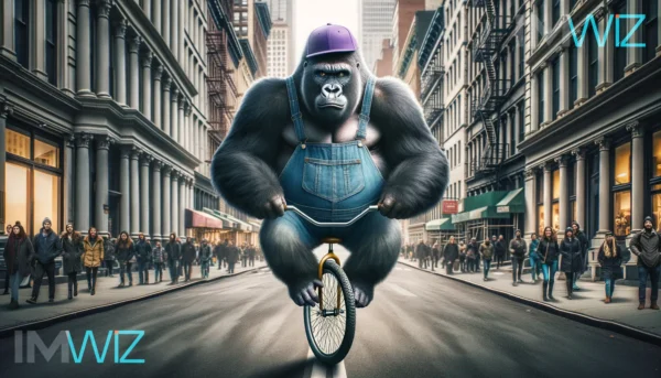 Concentrated gorilla wearing a purple cap and denim overalls, riding a unicycle in the street