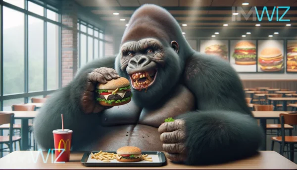 Funny and smiling gorilla eating hamburgers in a fast food restaurant