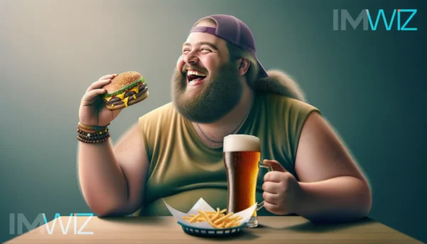 Homme costaud avec les cheveux longs et une casquette, en train de manger un hamburger et boire une bière