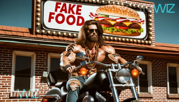 Homme musclé aux cheveux longs, assis sur sa moto Harley-Davidson, devant un fast food