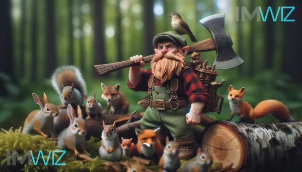 Lumberjack elf carrying an ax, in the forest with several animals around him