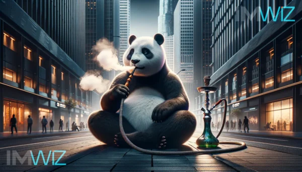 Panda smoking shisha in the middle of a street in a big city at night