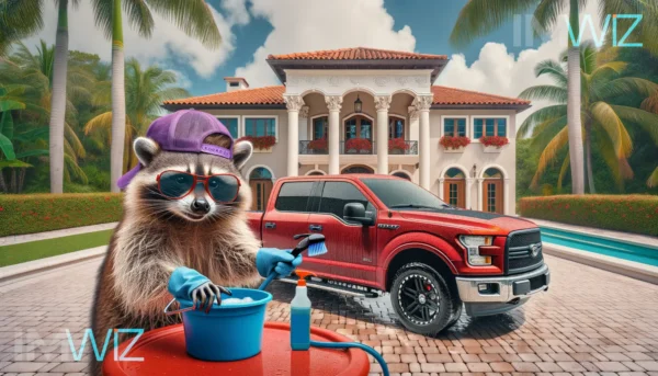 Raccoon washing a pickup truck in the backyard of a stunning property in Miami