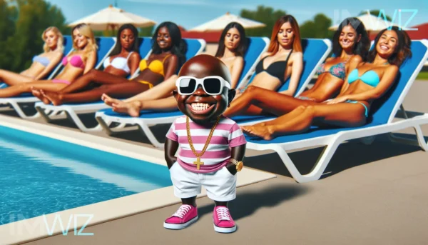 Short African-American man standing near a swimming pool around which women are sunbathing on deckchairs