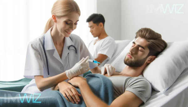 Smiling nurse giving an injection to a patient in a hospital