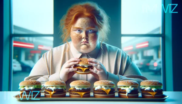 Strong-looking red-haired woman devouring hamburgers