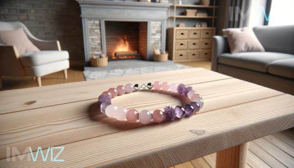 Superbe bracelet en pierres minérales posé sur une table en pin, dans un salon avec une cheminée