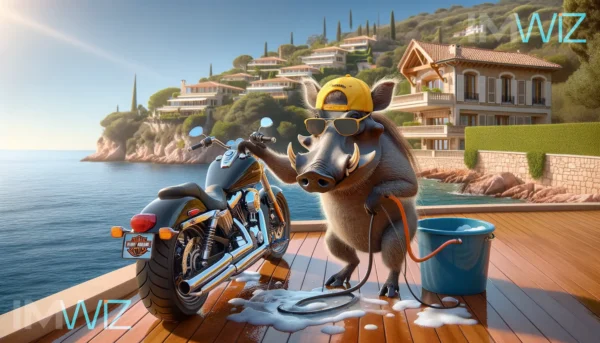 Trendy warthog washing his motorbike by the sea, on the French Riviera