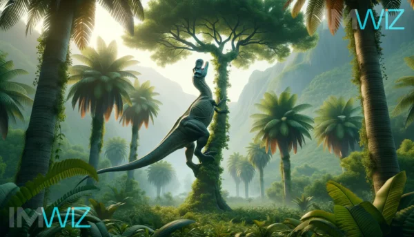 Tyranosaurus Rex climbing a tree trunk in the lush Cretaceous jungle