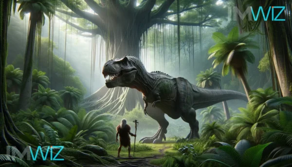 Tyranosaurus Rex facing a prehistoric man, in the lush Cretaceous jungle