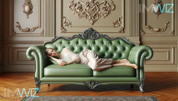 Woman sleeping on a green leather sofa, in a Rococo style living room